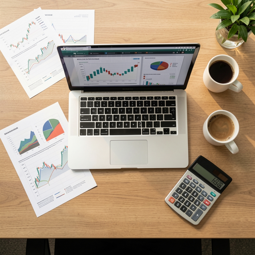 Escritorio de oficina visto desde arriba con una laptop, gráficos financieros impresos, una calculadora y una taza de café