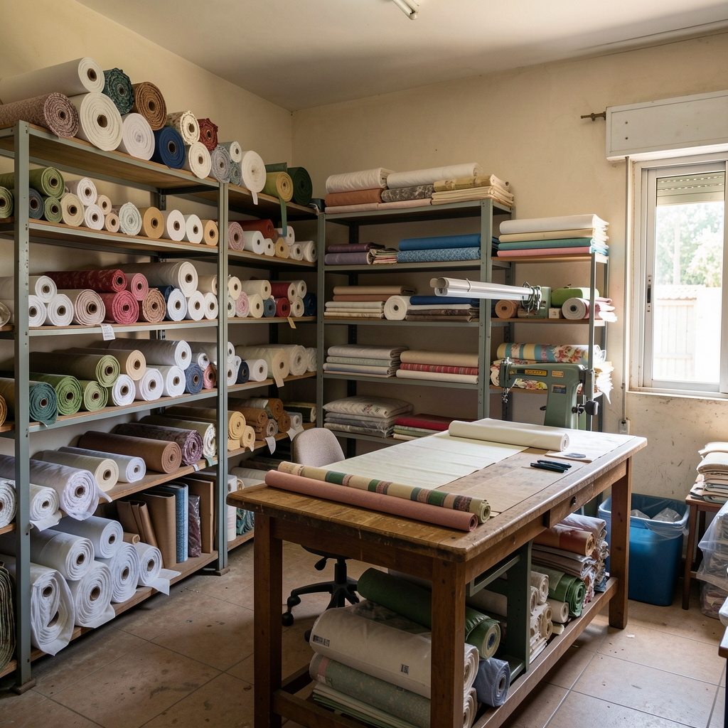 Interior de un pequeño taller textil con estanterías de rollos de tela y una mesa de corte, representando una pyme argentina
