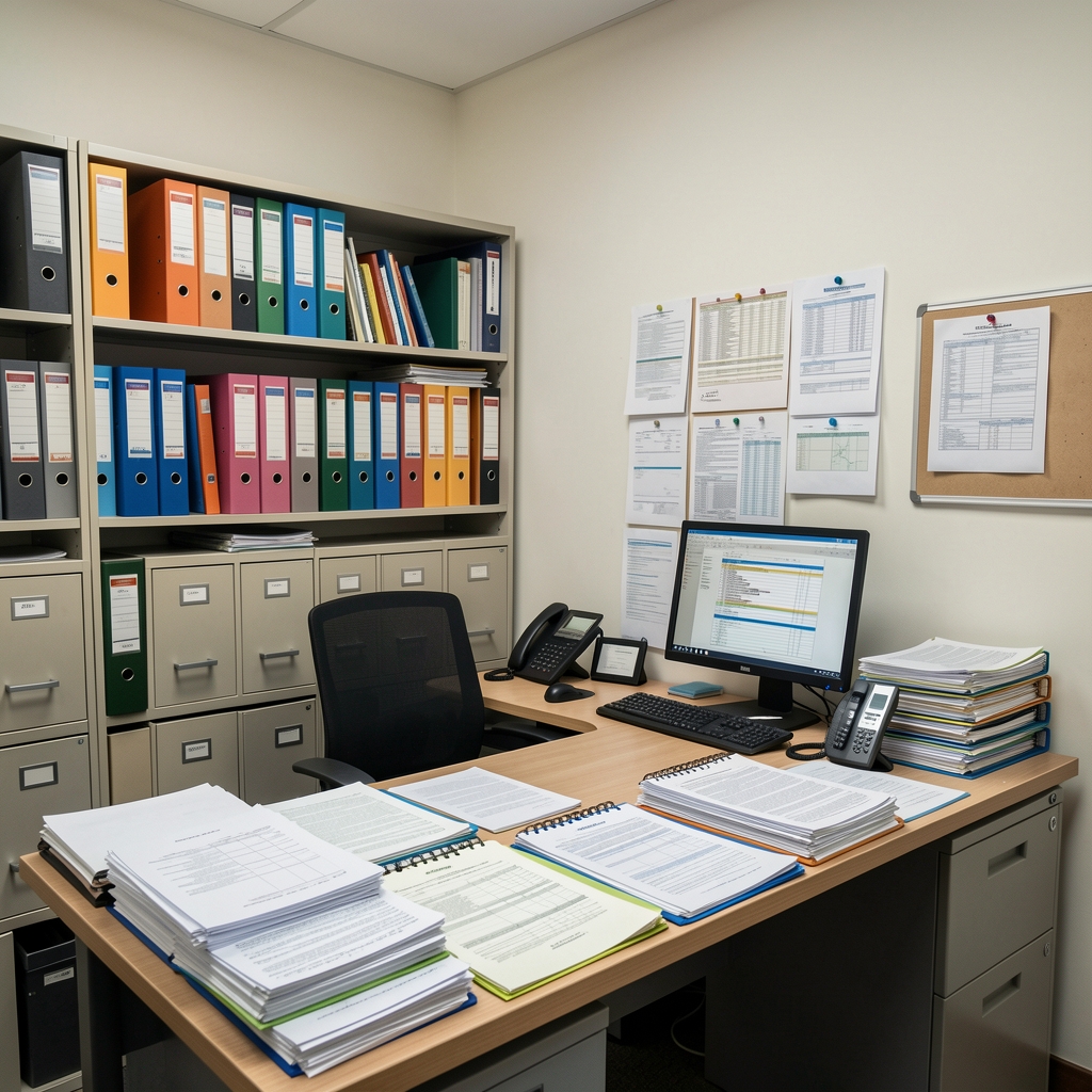 Oficina administrativa pequeña con archivadores, una computadora de escritorio y carpetas de documentos contables organizadas