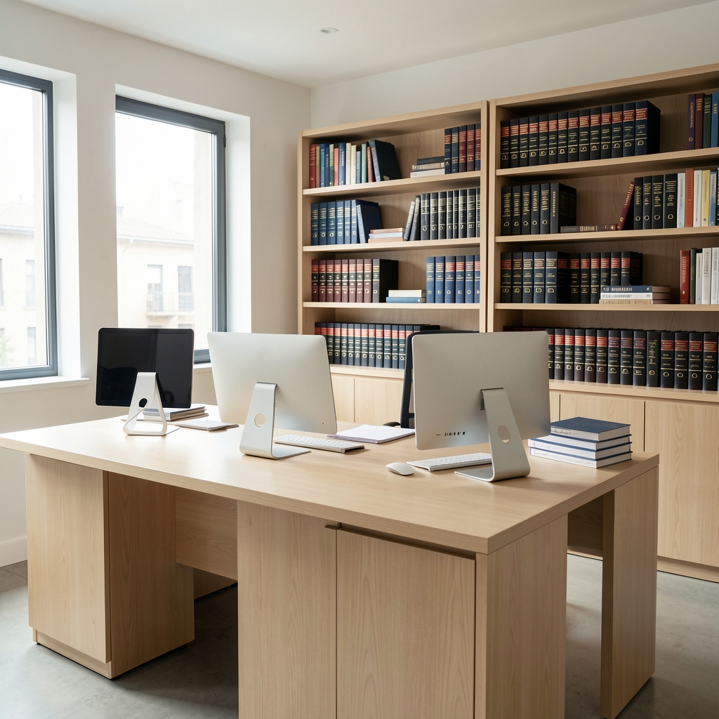 Oficina de contabilidad moderna en Buenos Aires con escritorios de madera clara, computadoras y estanterías con libros contables