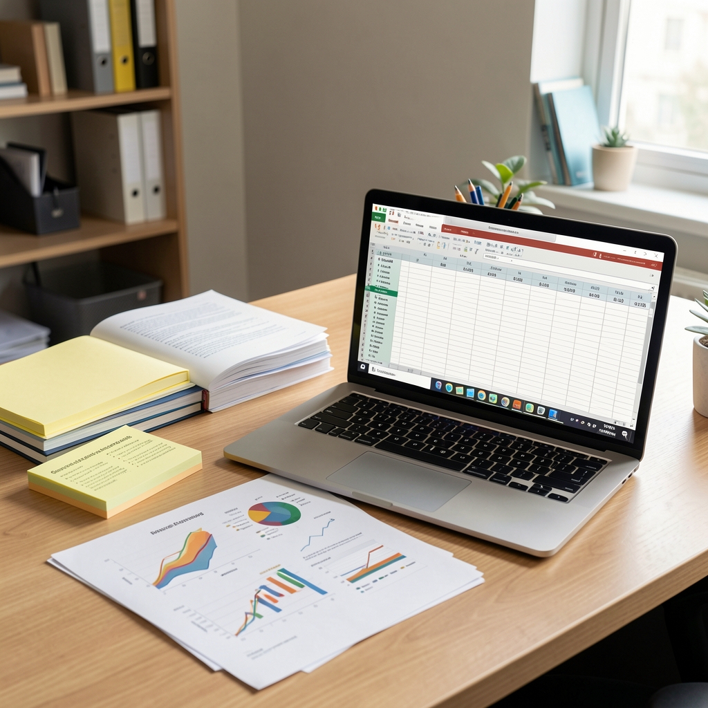 Escritorio de oficina con cuadernos de notas, gráficos impresos y una computadora portátil mostrando planillas de cálculo