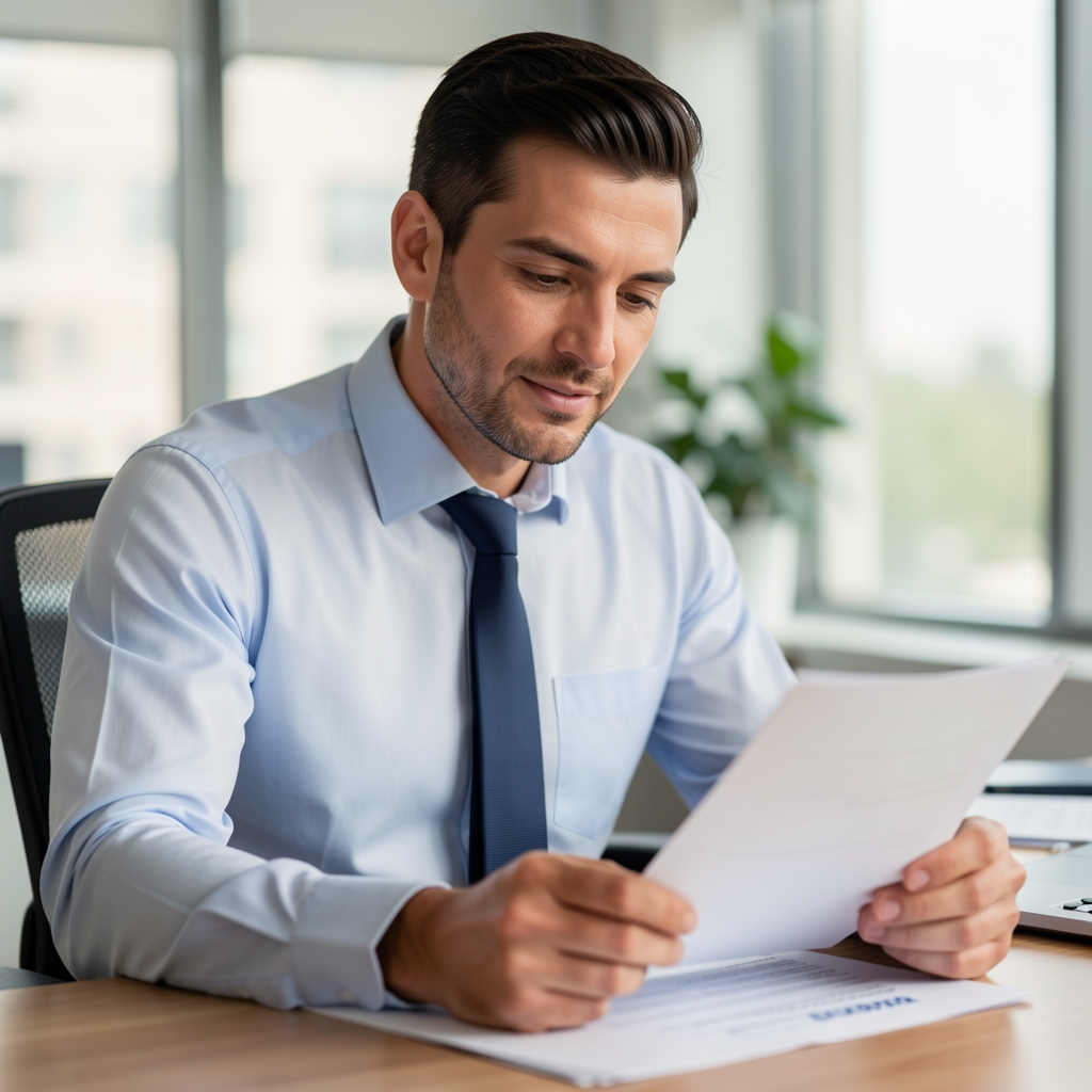 Hombre profesional con camisa formal revisando documentos financieros en un escritorio de oficina