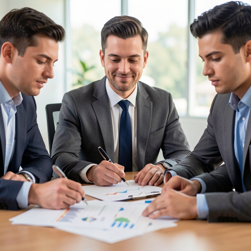 Equipo de tres profesionales reunidos alrededor de una mesa de oficina revisando gráficos e informes financieros impresos